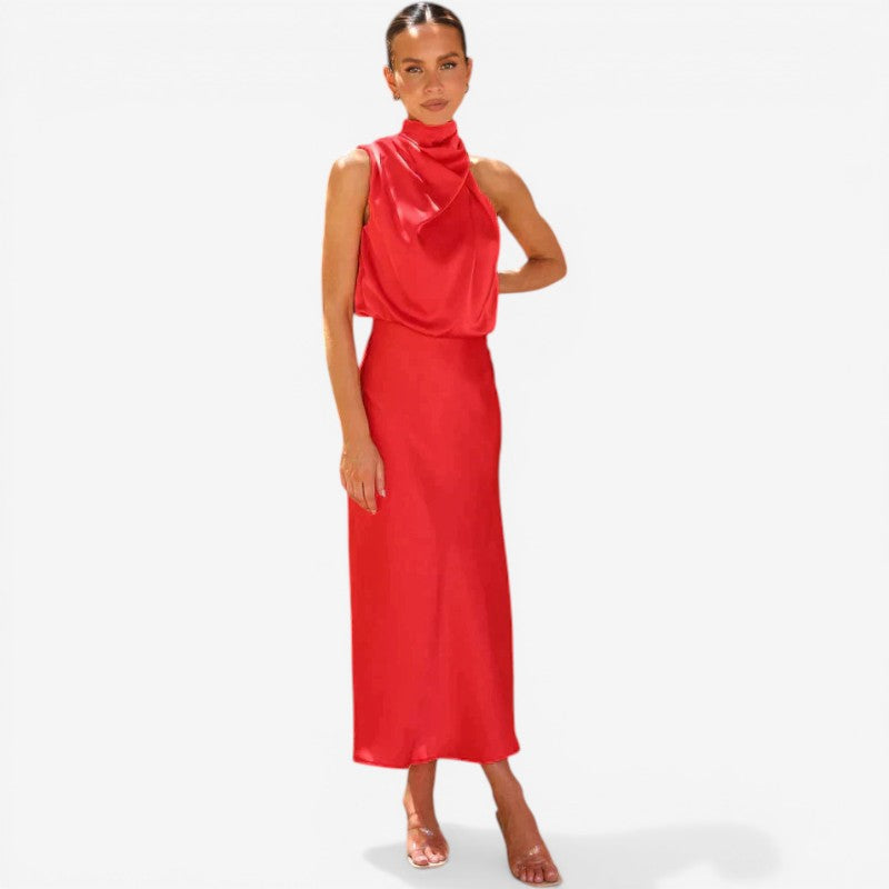 Halter Neck Draped Midi Dress
