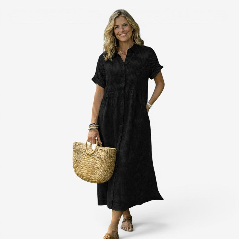 Women's Classic Striped Midi Shirt Dress with Button Front