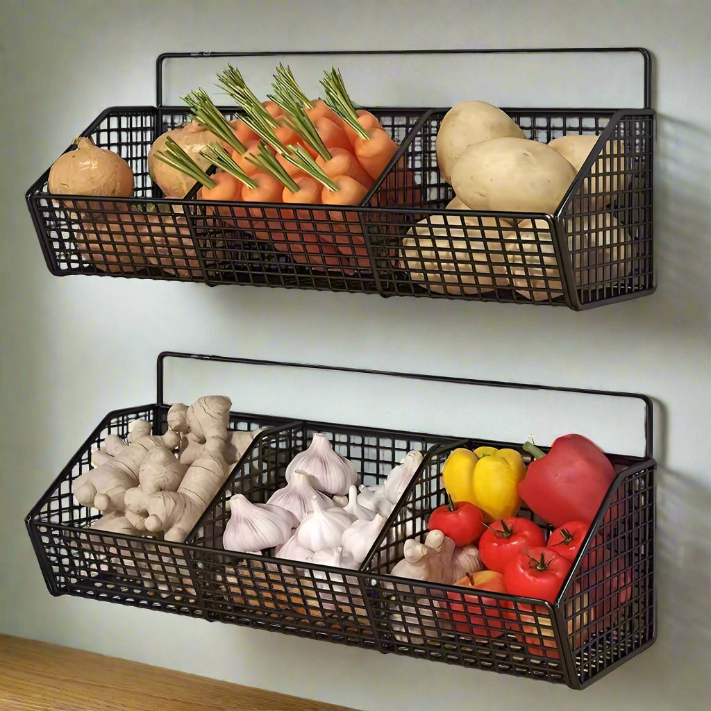 Wall-Mounted Kitchen Storage Basket Space-Saving Hanging Organizer | Open Wire Design for Ventilation and Freshness | Sturdy Rust-Resistant Metal for Kitchen, Pantry, or Household Storage