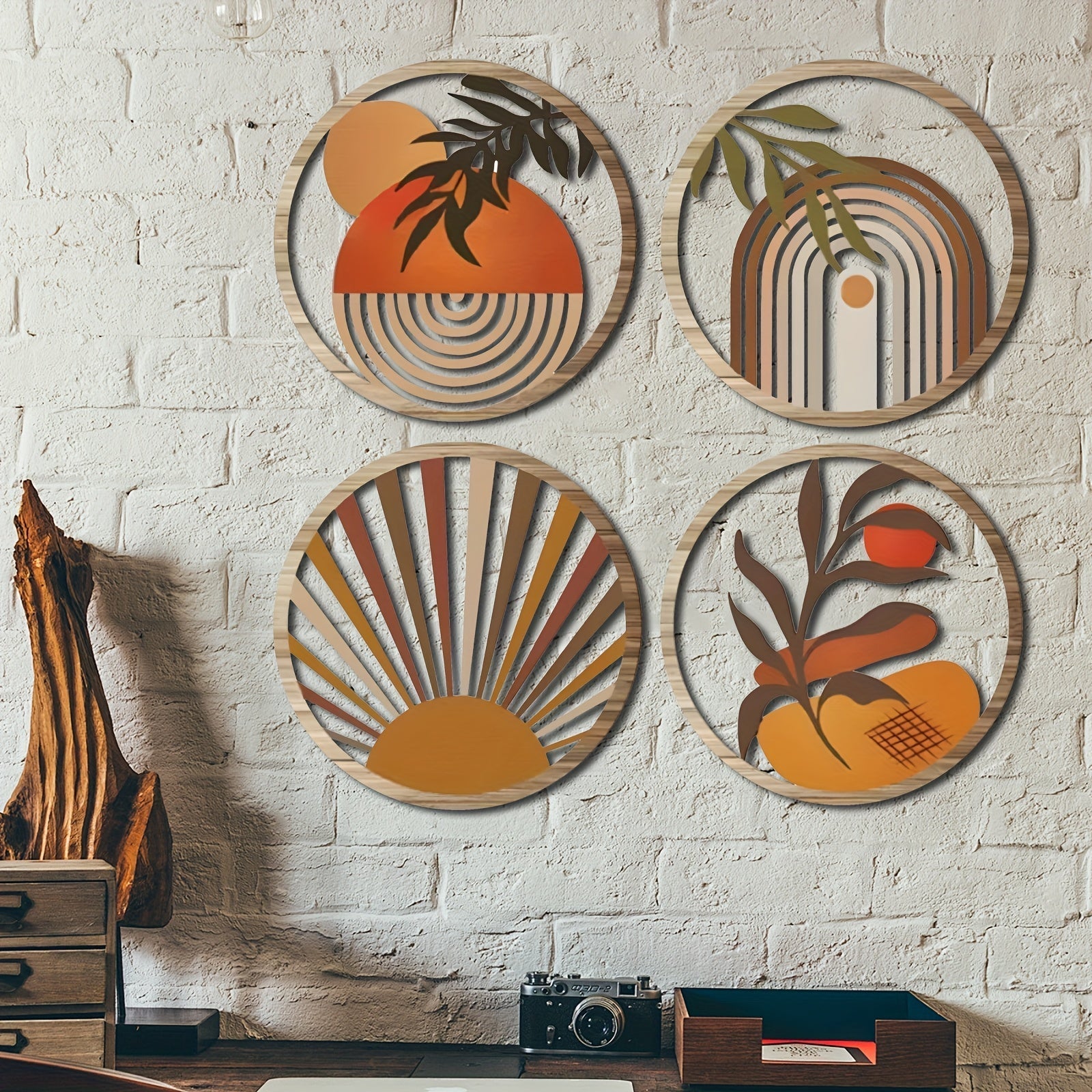 RuralAura Boho Wooden Wall Art Set – Rustic Carved Hanging Sculptures