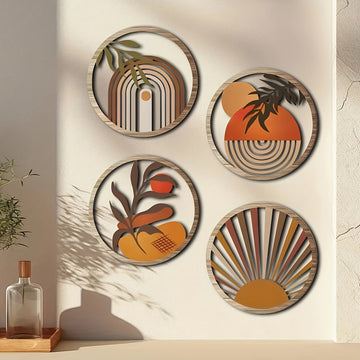 RuralAura Boho Wooden Wall Art Set – Rustic Carved Hanging Sculptures