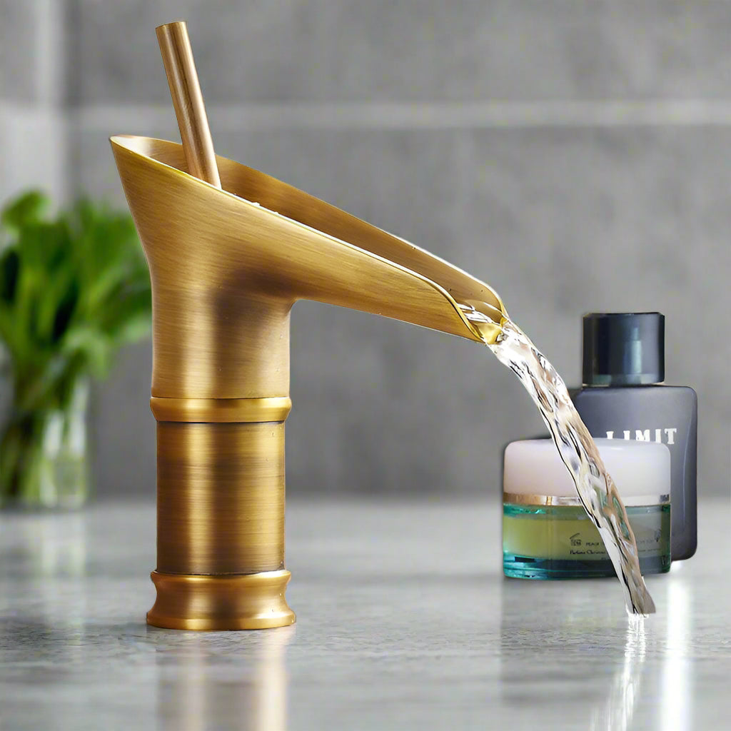 AquaFalls - Vintage Waterfall Bathroom Faucet Antique Brass Finish with Gentle Cascading Flow | Single-Handle Design for Effortless Water Control | Elegant Accent to Enhance Bathroom Aesthetics