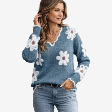 Women's Floral Embroidered V Neck Sweater