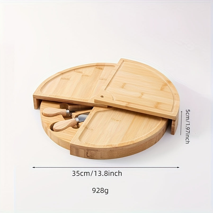 MultiCompartment - Multi-Compartment Bamboo Cheese Board with Built-In Cutlery Stylish Cheese Serving with Organized Compartments