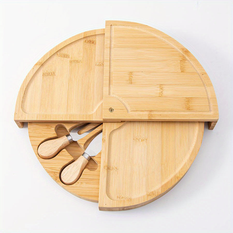 MultiCompartment - Multi-Compartment Bamboo Cheese Board with Built-In Cutlery Stylish Cheese Serving with Organized Compartments