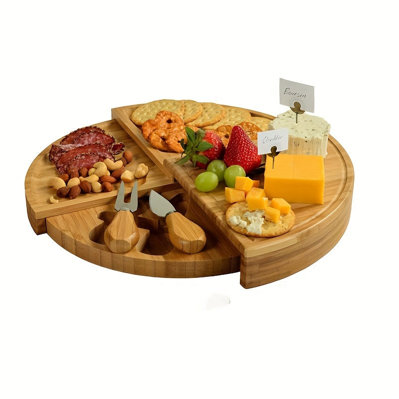 MultiCompartment - Multi-Compartment Bamboo Cheese Board with Built-In Cutlery Stylish Cheese Serving with Organized Compartments