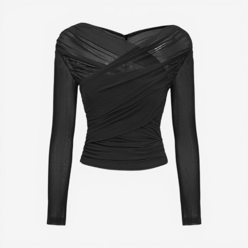 Long-Sleeved Crossover Collar Crop Top