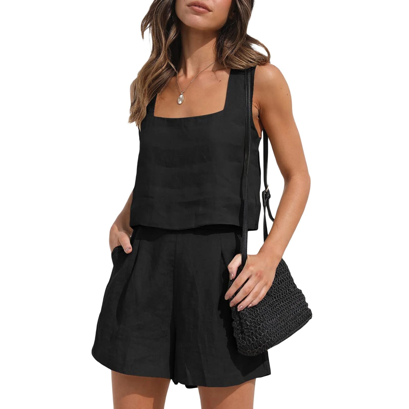 Casual Charm | Top with Square Neckline and Shorts Set with Pockets