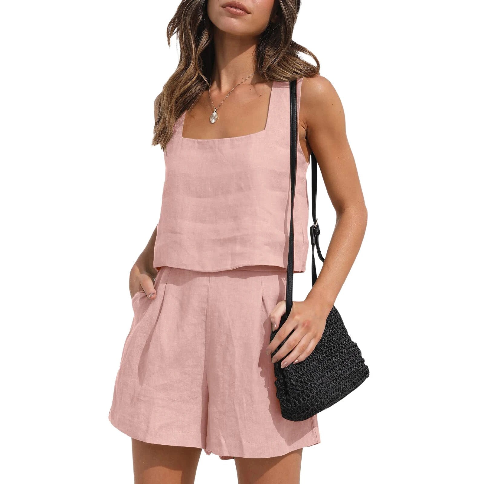 Casual Charm | Top with Square Neckline and Shorts Set with Pockets