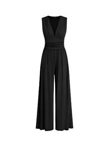 V-neck Jumpsuit with Ruched Solid Wide Legs