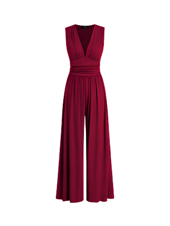 V-neck Jumpsuit with Ruched Solid Wide Legs