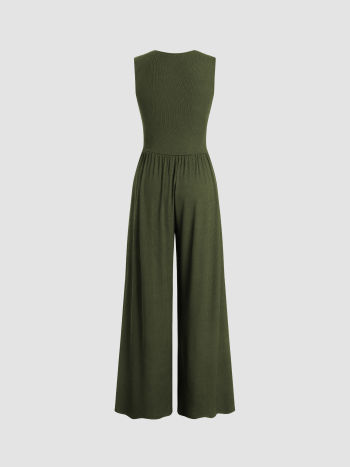 V-neck Jumpsuit with Ruched Solid Wide Legs