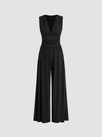 V-neck Jumpsuit with Ruched Solid Wide Legs