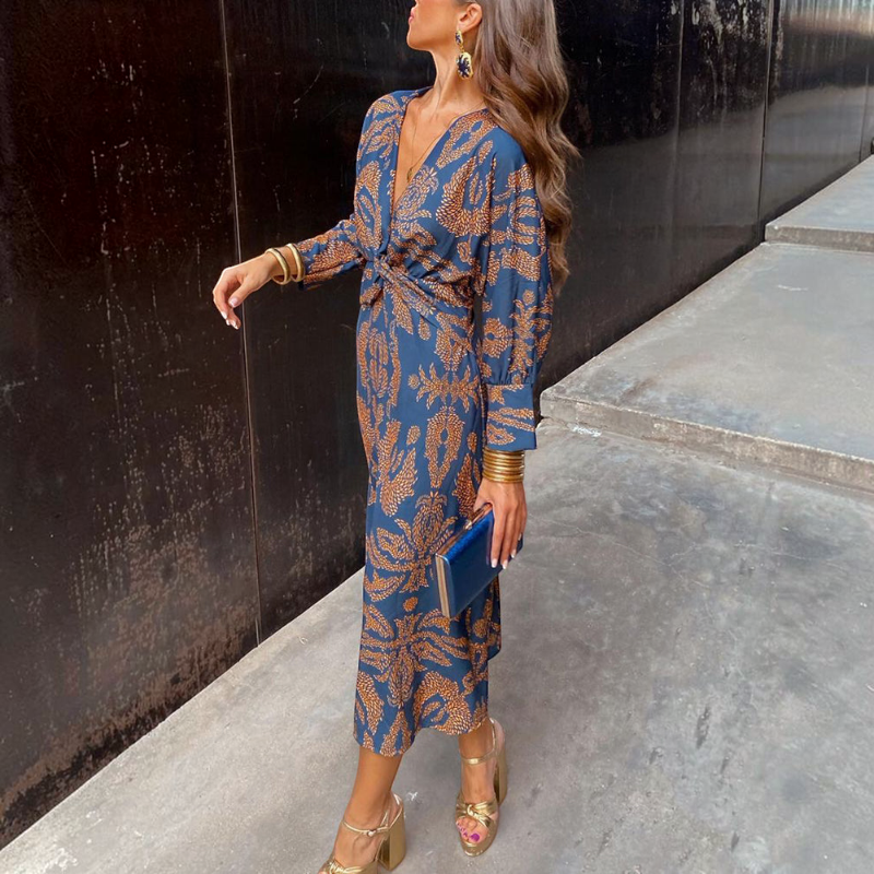 Women's Floral V-Neck Long Sleeve Dress