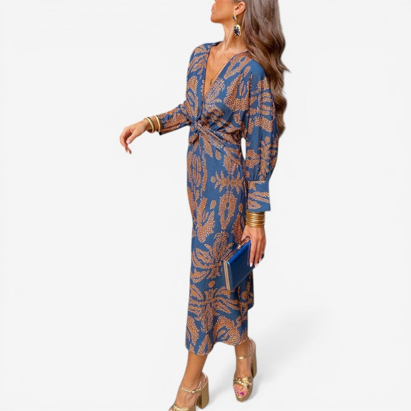 V-Neck Long Sleeve Floral Dress