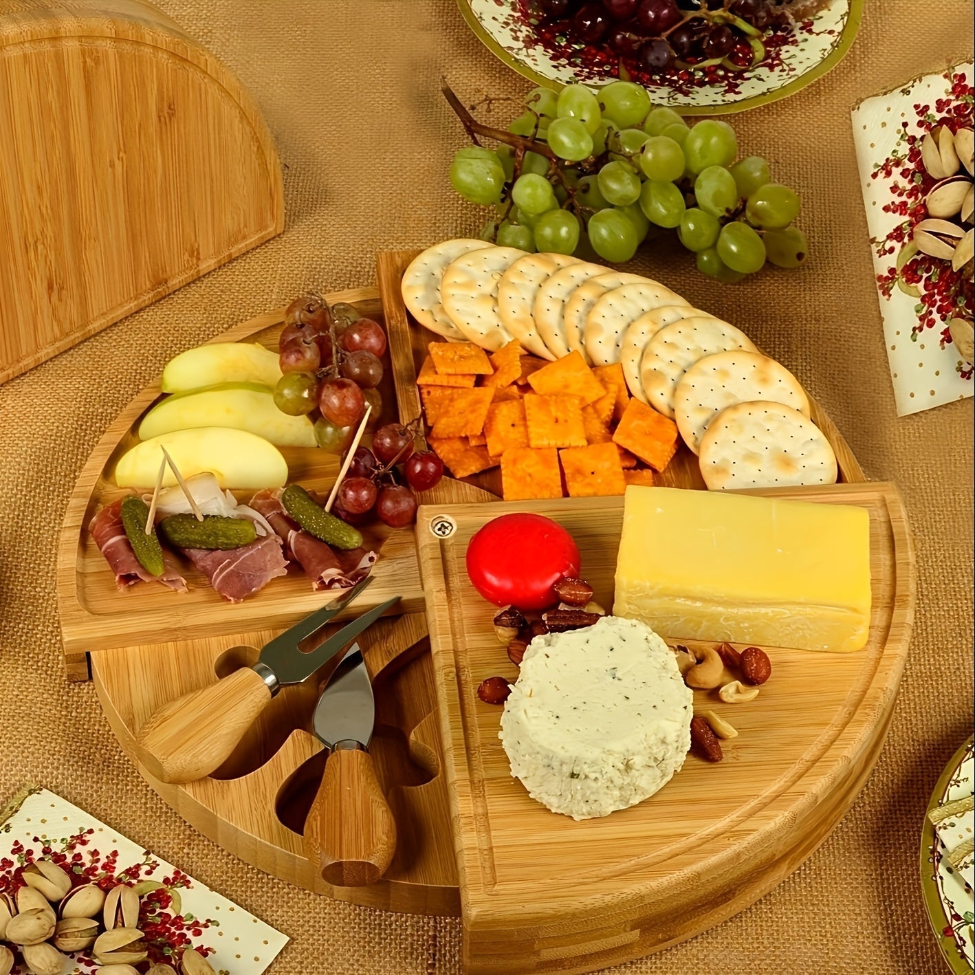 MultiCompartment - Multi-Compartment Bamboo Cheese Board with Built-In Cutlery Stylish Cheese Serving with Organized Compartments