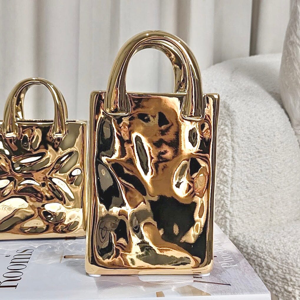LuxeGleam - Unique Gold Hammered Tote Bag Vase