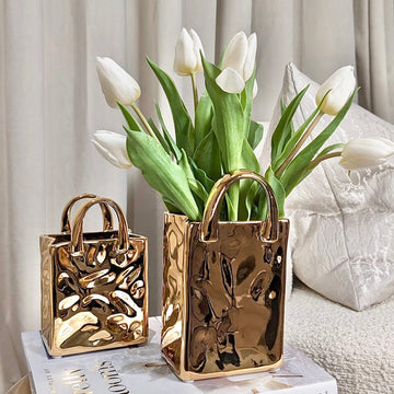 LuxeGleam - Unique Gold Hammered Tote Bag Vase