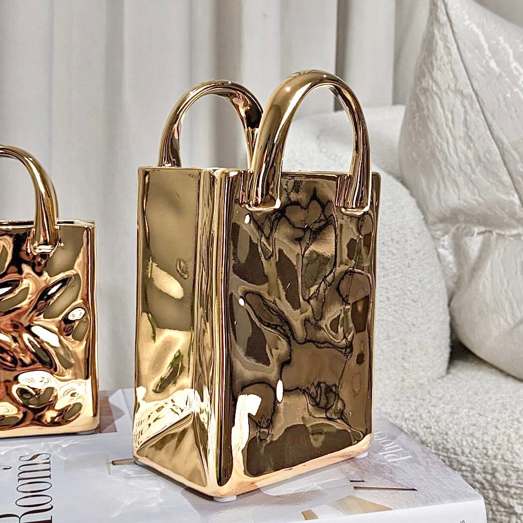 LuxeGleam - Unique Gold Hammered Tote Bag Vase