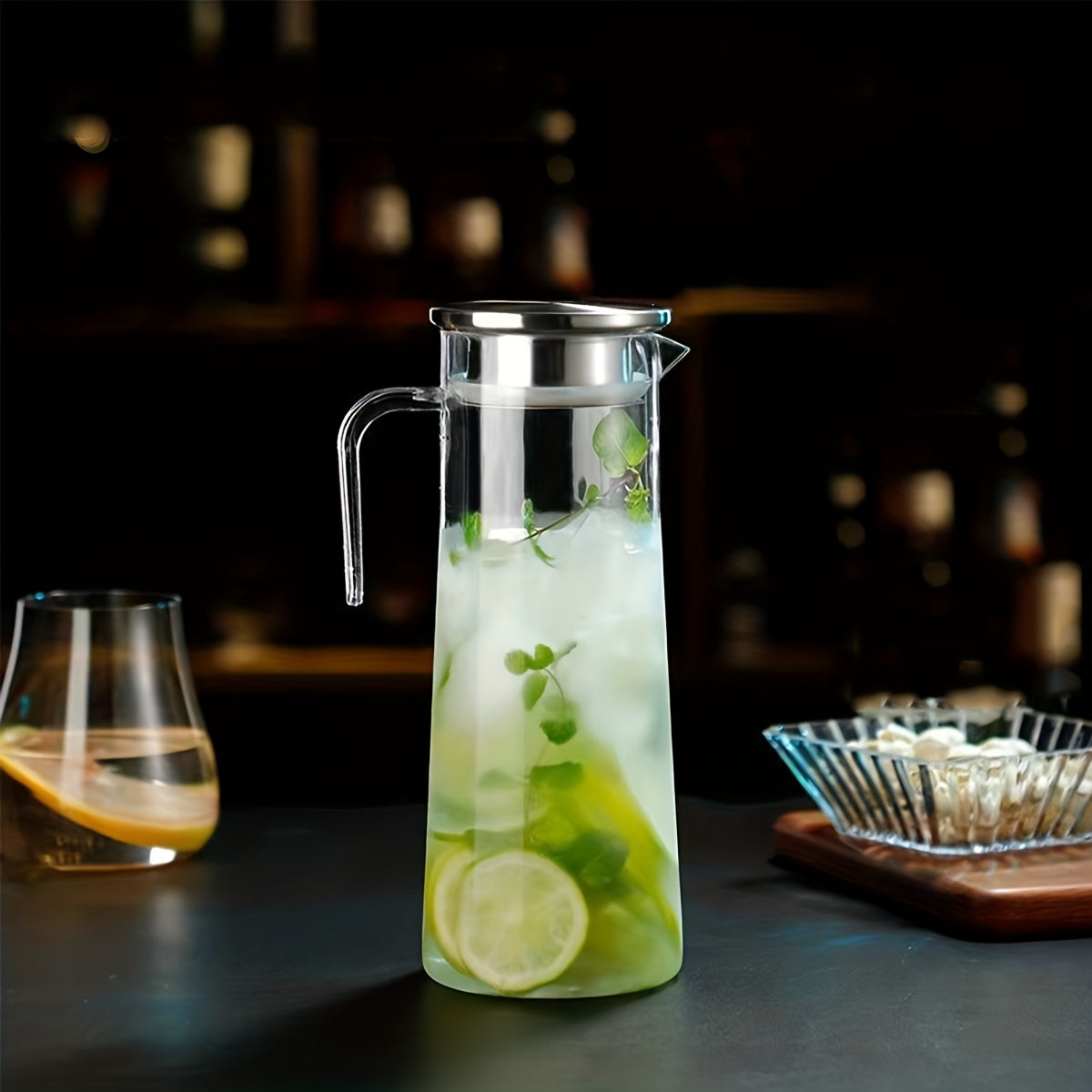 SereneSip - Elegant Glass Beverage Pitcher Crystal-Clear Glass Design with Stainless Steel Lid | Easy-to-Clean and Durable for Refreshing Drinks