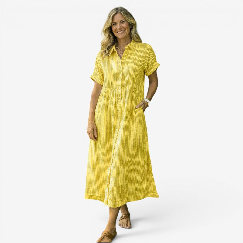 Women's Classic Striped Midi Shirt Dress with Button Front