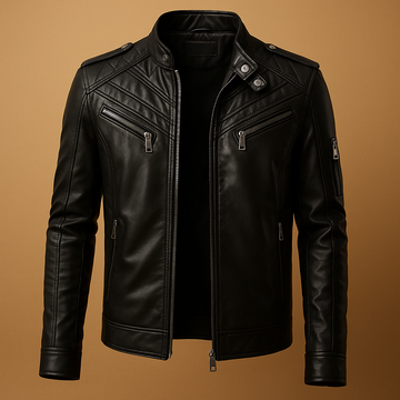 Jasper | Quilted Leather Jacket with Stand Collar for Men