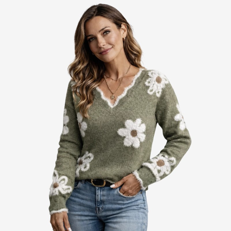 Women's Floral Embroidered V Neck Sweater
