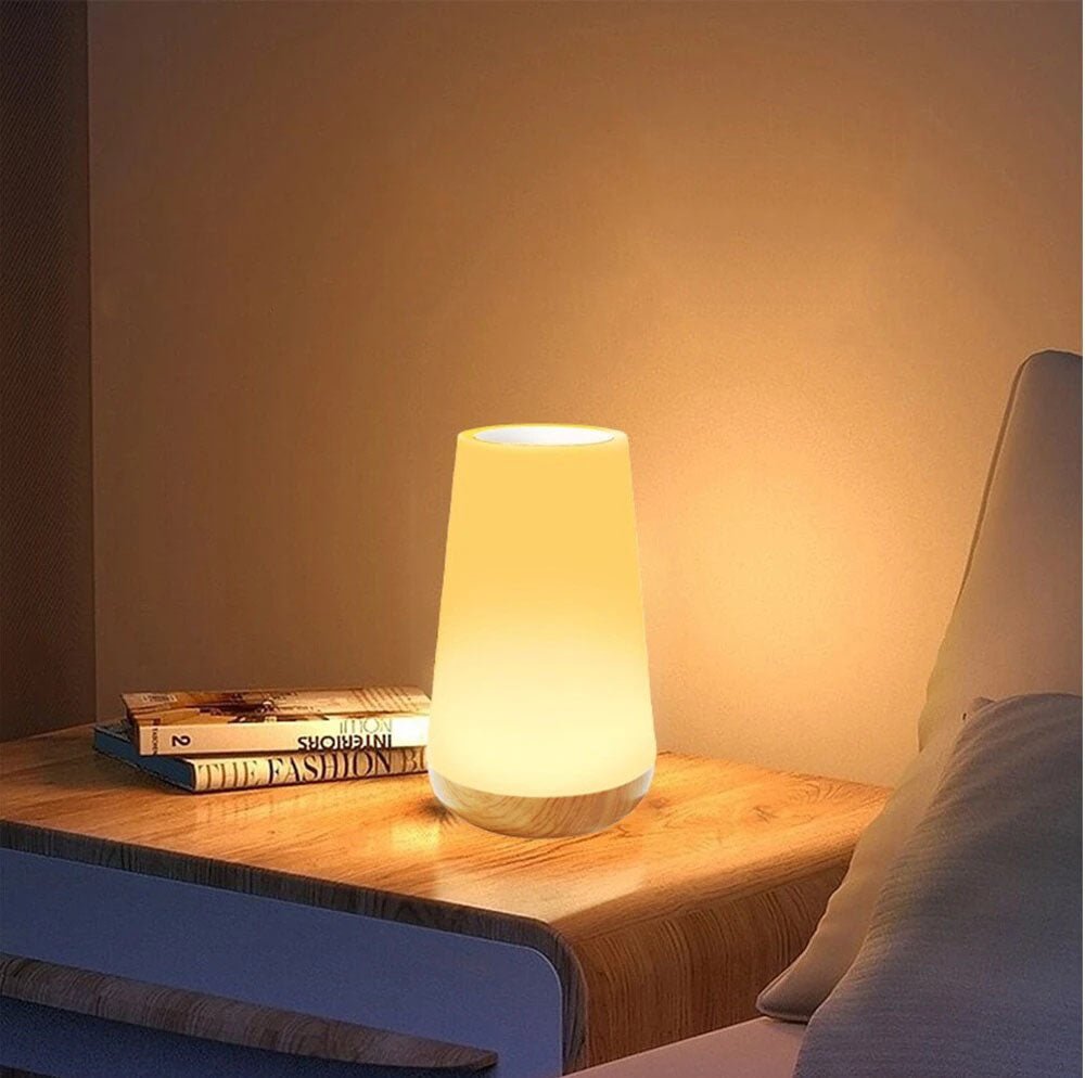 LumiNest - Modern Bedside Table Lamp Wood Base with Simple Elegance | Soft Even Light from Cylindrical White Shade | Warm Natural Accent for Modern or Classic Decor | Ideal for Nightstand, Desk or Reading Nook