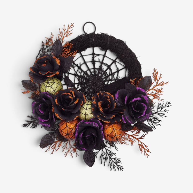 Spiderweb Halloween Wreath with Black Roses