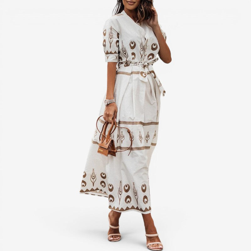 Women’s Long Sleeve Belted Printed Midi Dress