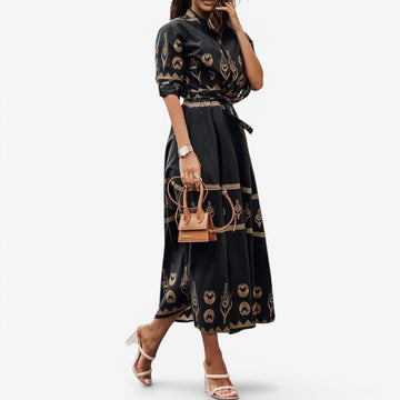 Women’s Long Sleeve Belted Printed Midi Dress
