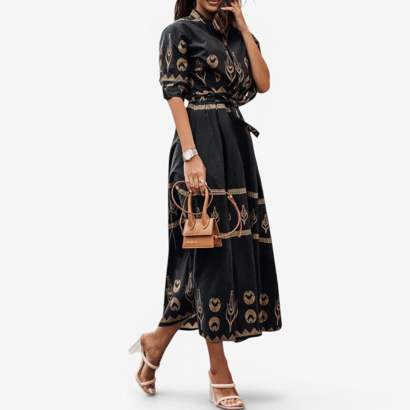 Women’s Long Sleeve Belted Printed Midi Dress