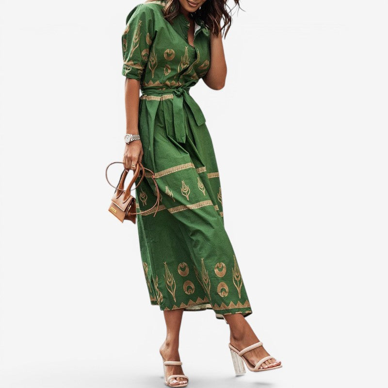 Women’s Long Sleeve Belted Printed Midi Dress