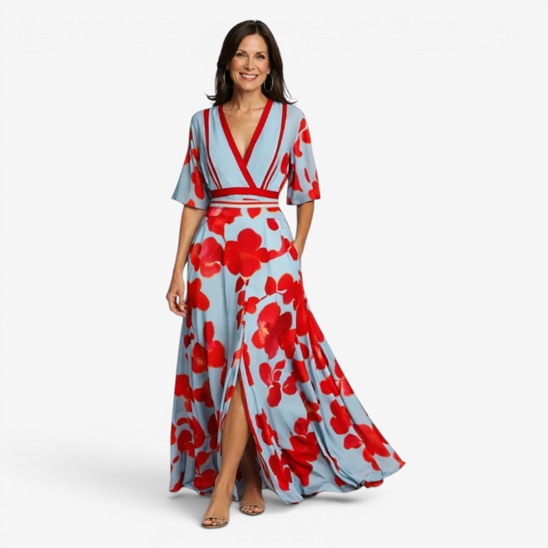 Elegant Floral Maxi Dress with V Neck