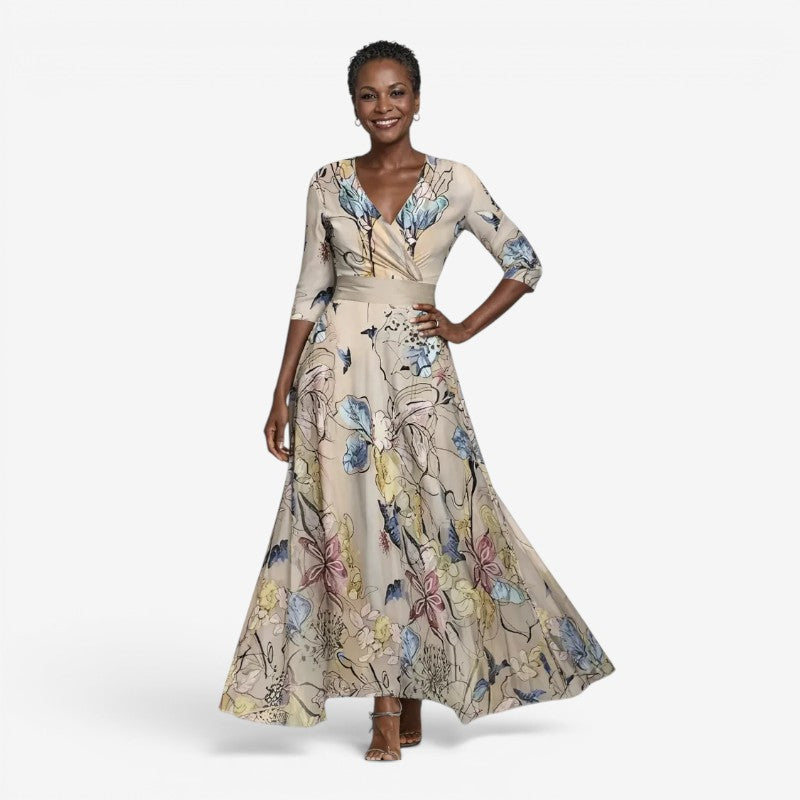 Elegant Floral Maxi Dress with V Neck