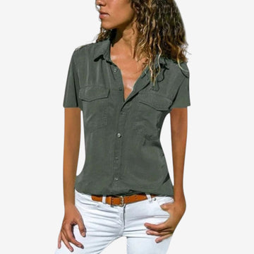Women's Short Sleeve Button-Down Shirt with Chest Pockets