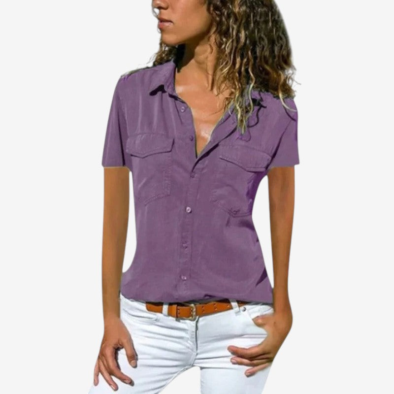 Women's Short Sleeve Button-Down Shirt with Chest Pockets