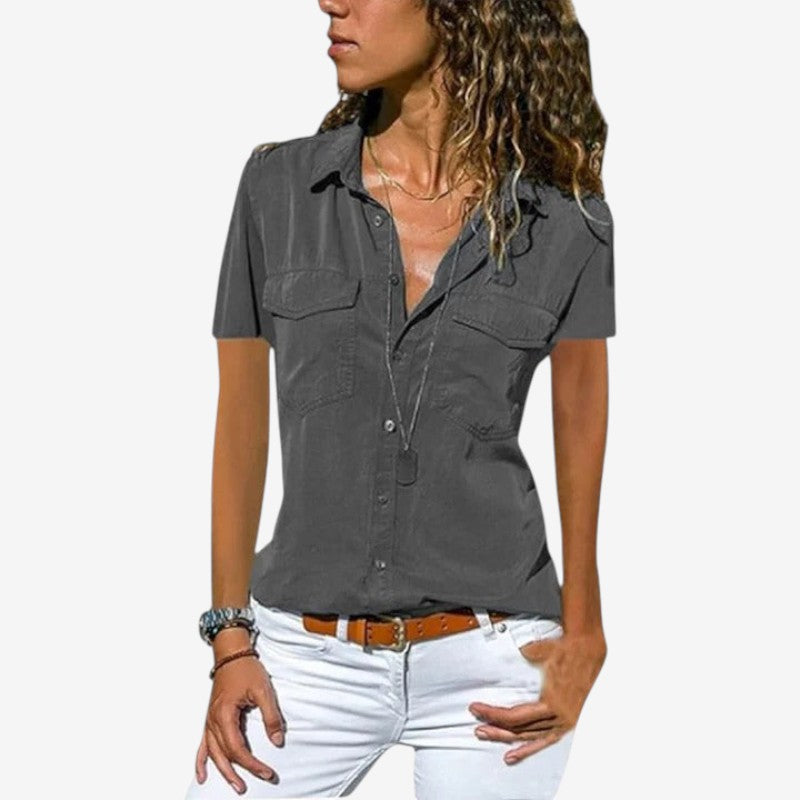 Women's Short Sleeve Button-Down Shirt with Chest Pockets