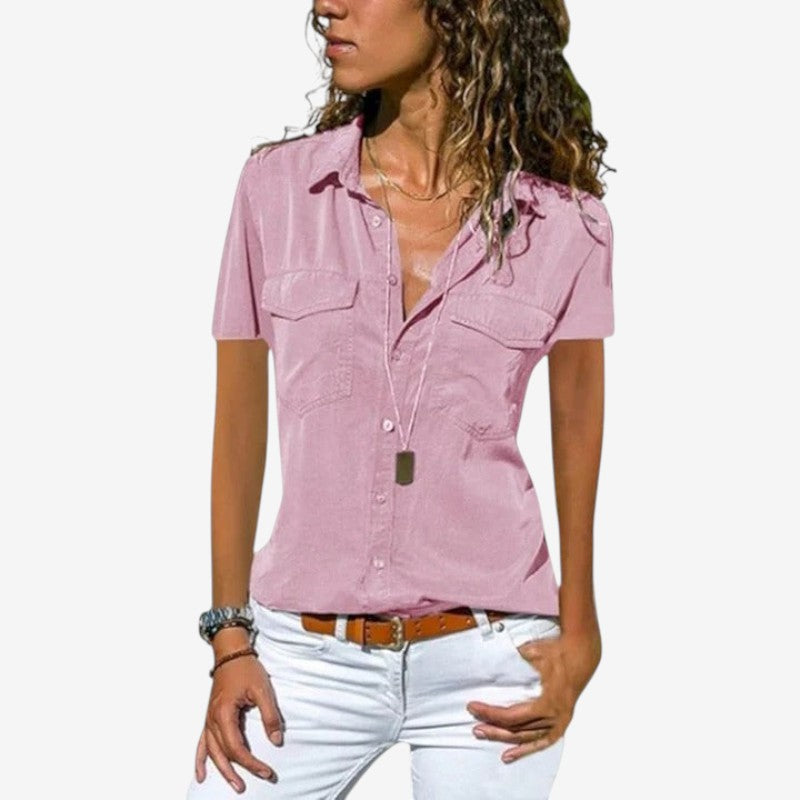 Women's Short Sleeve Button-Down Shirt with Chest Pockets