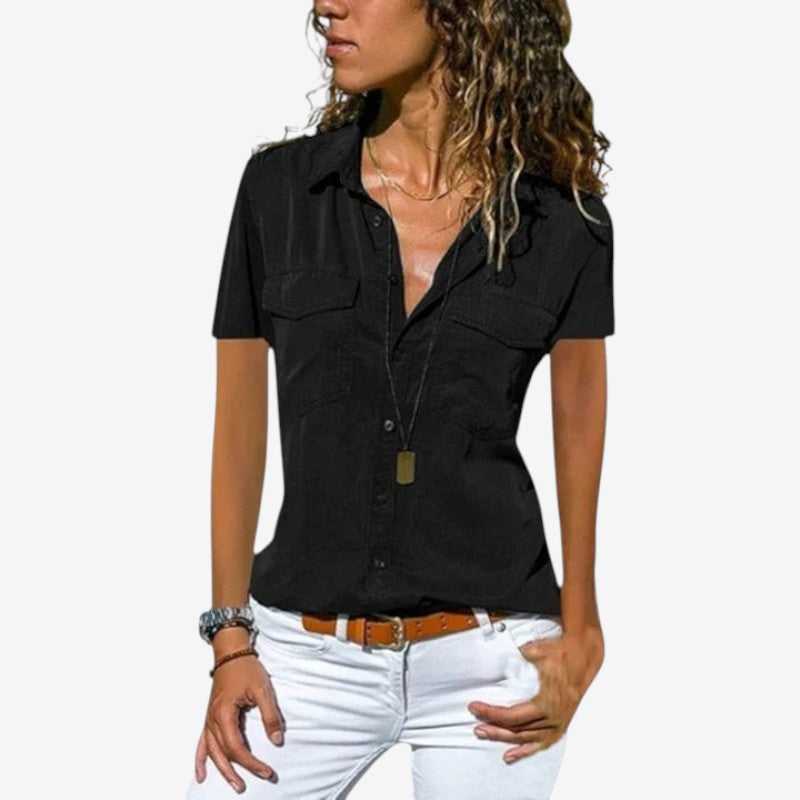 Women's Short Sleeve Button-Down Shirt with Chest Pockets