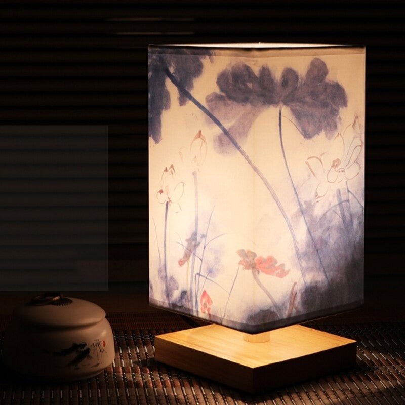 ZenGlow - East Asian-Style Cubical Table Lamp Collection Fabric Shade with Painted Designs | Soft Warm Glow with Tranquil Ambiance | Artistic Accent for Nightstand, Desk or Shelf