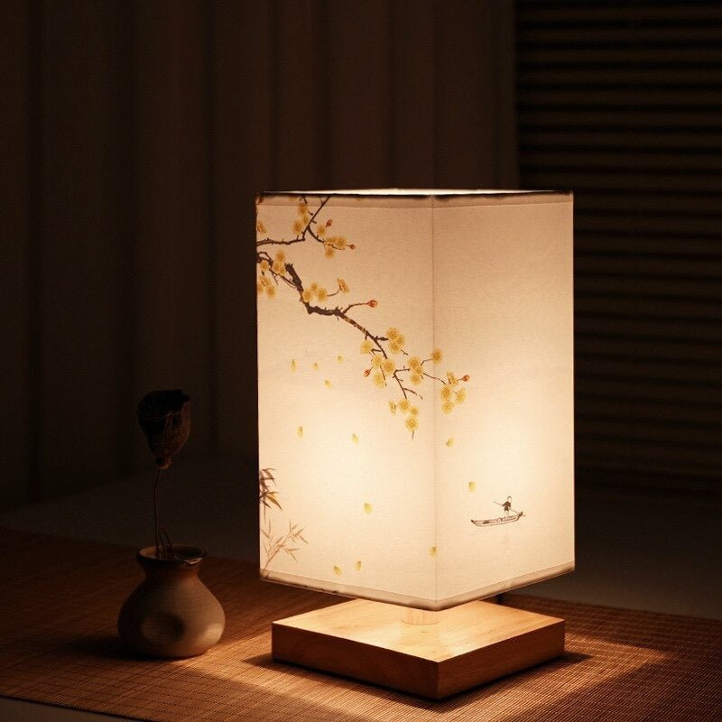 ZenGlow - East Asian-Style Cubical Table Lamp Collection Fabric Shade with Painted Designs | Soft Warm Glow with Tranquil Ambiance | Artistic Accent for Nightstand, Desk or Shelf