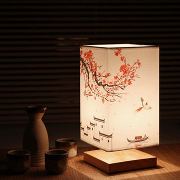 ZenGlow - East Asian-Style Cubical Table Lamp Collection Fabric Shade with Painted Designs | Soft Warm Glow with Tranquil Ambiance | Artistic Accent for Nightstand, Desk or Shelf
