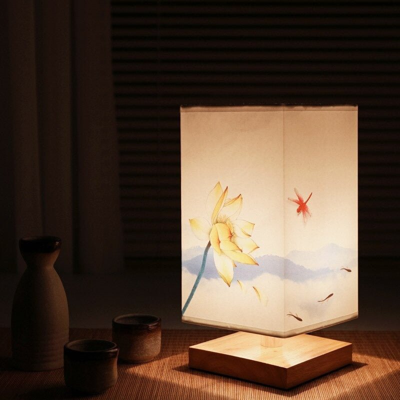ZenGlow - East Asian-Style Cubical Table Lamp Collection Fabric Shade with Painted Designs | Soft Warm Glow with Tranquil Ambiance | Artistic Accent for Nightstand, Desk or Shelf