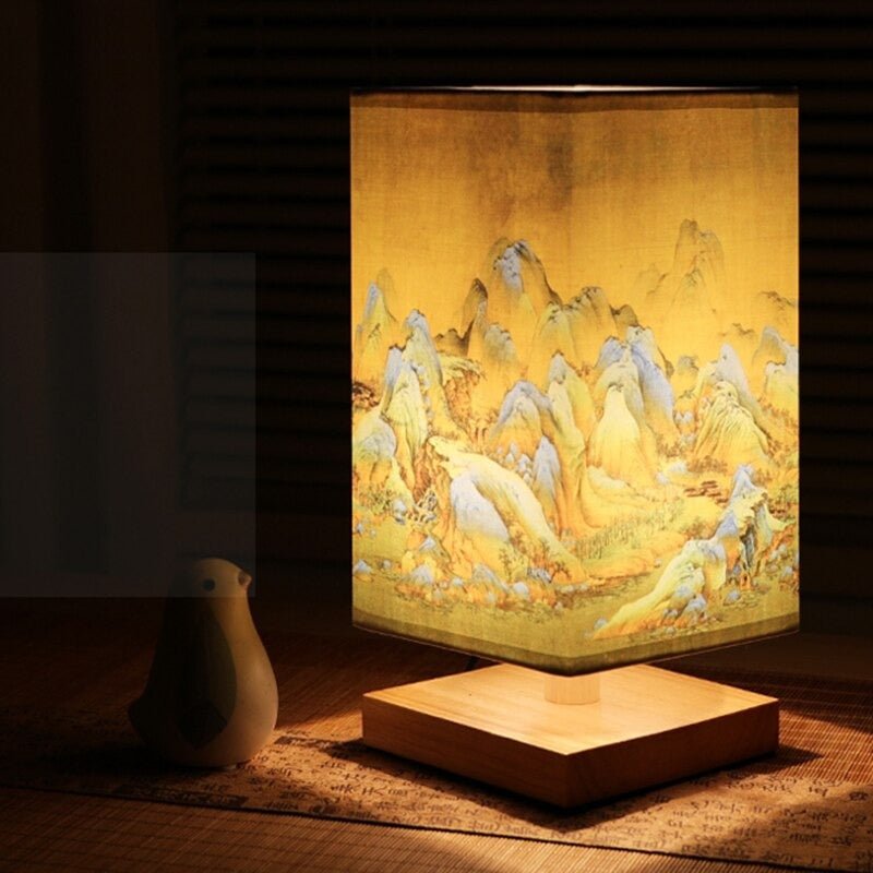 ZenGlow - East Asian-Style Cubical Table Lamp Collection Fabric Shade with Painted Designs | Soft Warm Glow with Tranquil Ambiance | Artistic Accent for Nightstand, Desk or Shelf