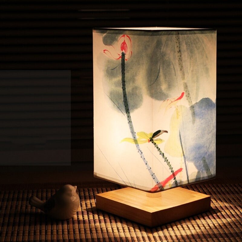 ZenGlow - East Asian-Style Cubical Table Lamp Collection Fabric Shade with Painted Designs | Soft Warm Glow with Tranquil Ambiance | Artistic Accent for Nightstand, Desk or Shelf