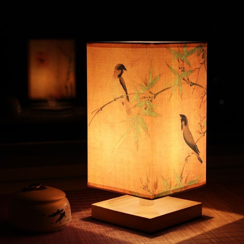 ZenGlow - East Asian-Style Cubical Table Lamp Collection Fabric Shade with Painted Designs | Soft Warm Glow with Tranquil Ambiance | Artistic Accent for Nightstand, Desk or Shelf