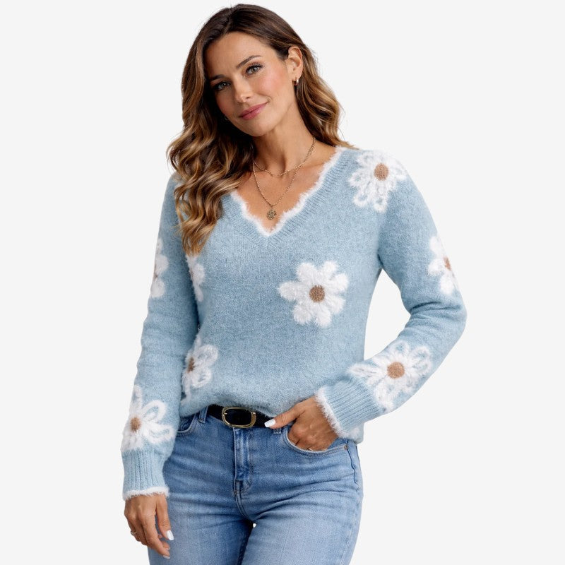 Women's Floral Embroidered V Neck Sweater