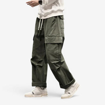 Men's Wide Leg Cargo Pants with Drawstring Waist and Pockets