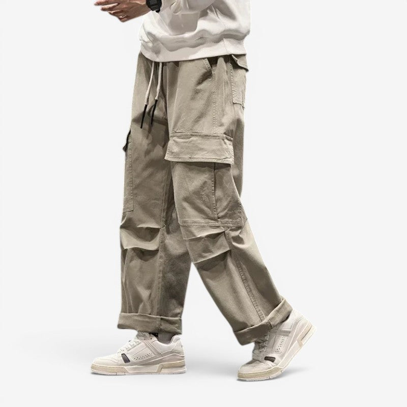 Men's Wide Leg Cargo Pants with Drawstring Waist and Pockets